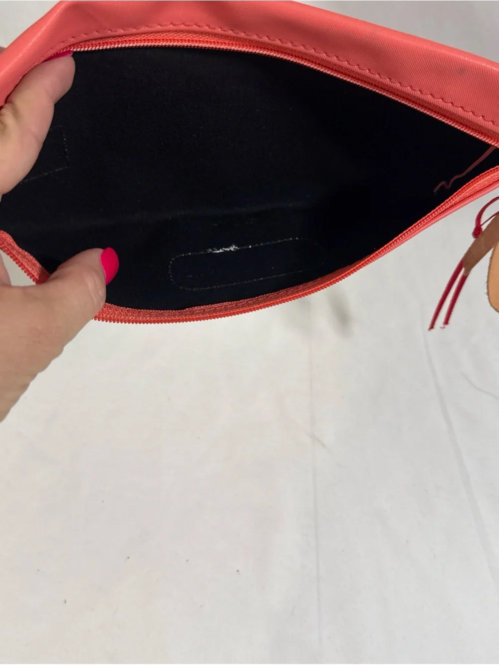 Jon Hart “Hannah” Coral Cosmetic Zip Pouch with Tan Name Patch